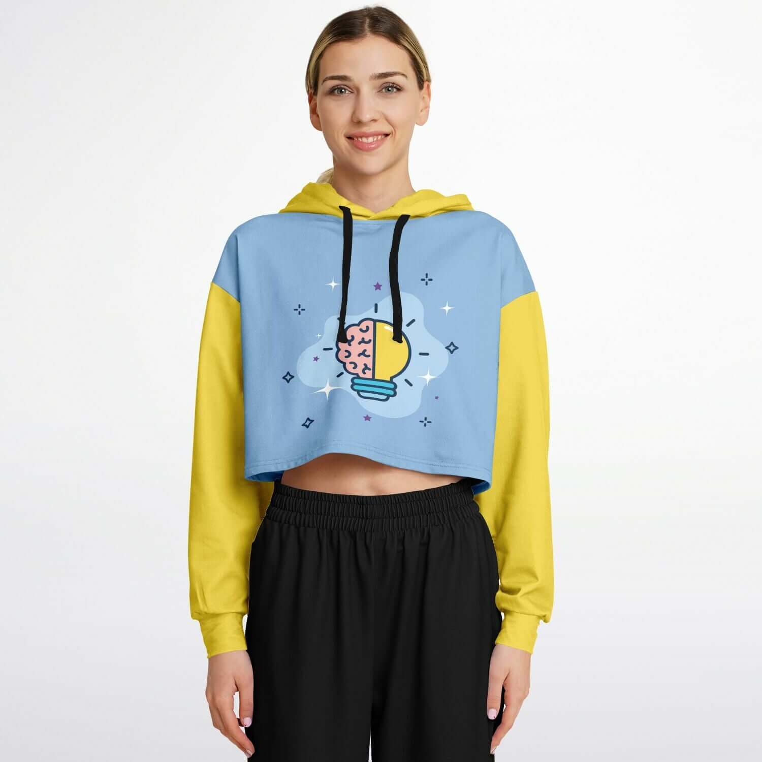 Yellow & Blue Brain Bulb Cropped Hoodie