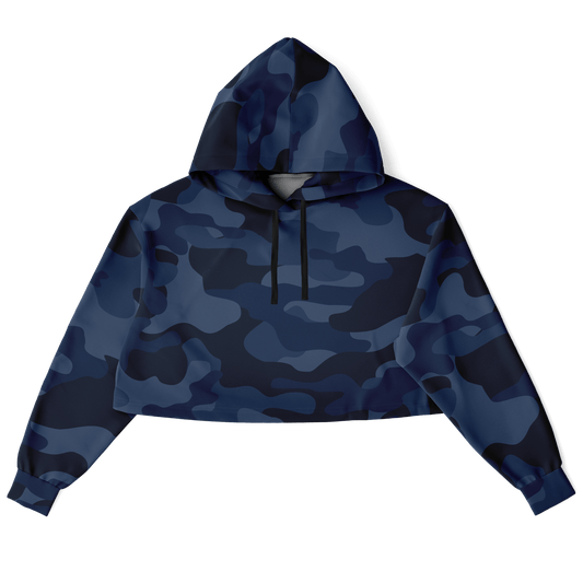 Deep Blue Camo Cropped Hoodie For Women