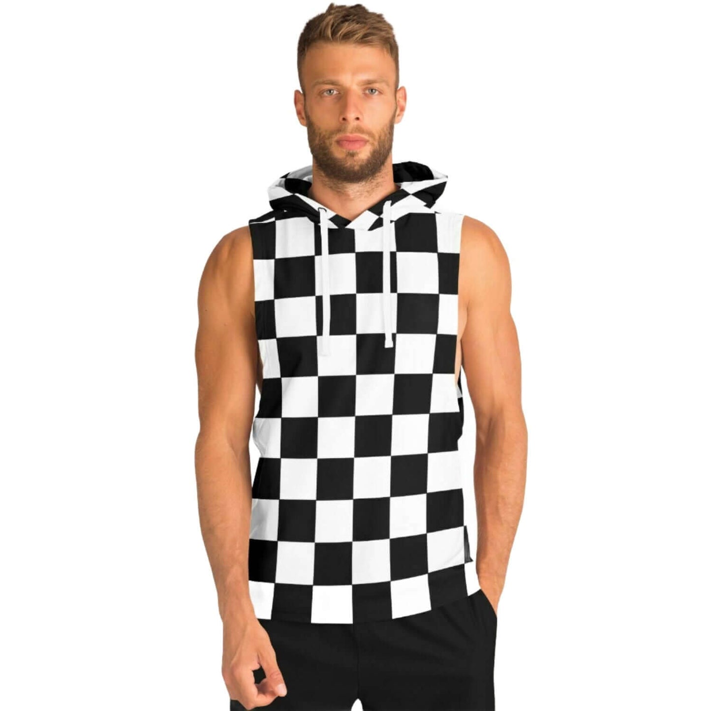 Sleeveless Hoodie For Men | Black & White Chess Board