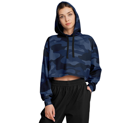 Deep Blue Camo Cropped Hoodie For Women