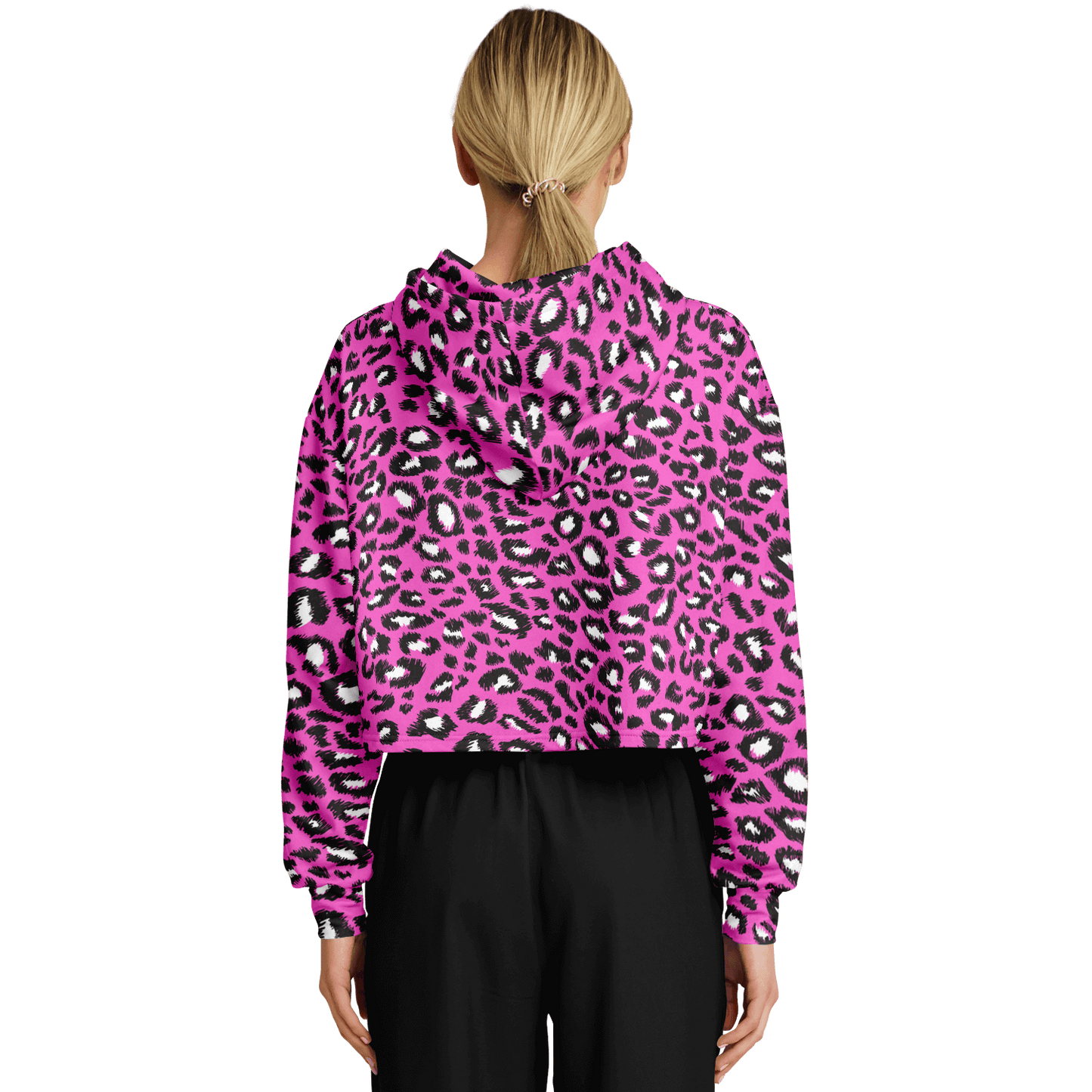 Leopard Cropped Hoodie | Black & Hot Pink Pattern