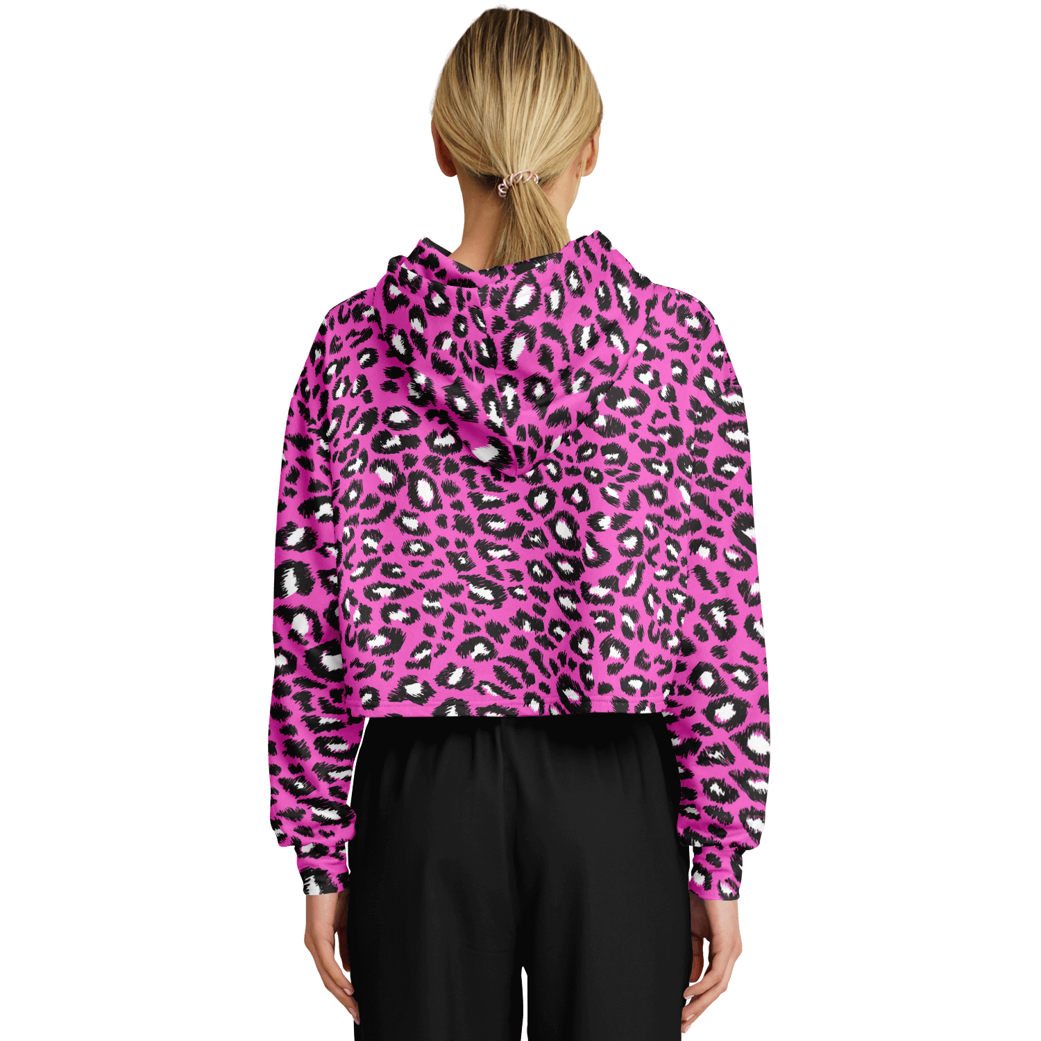 Leopard Cropped Hoodie | Black & Hot Pink Pattern