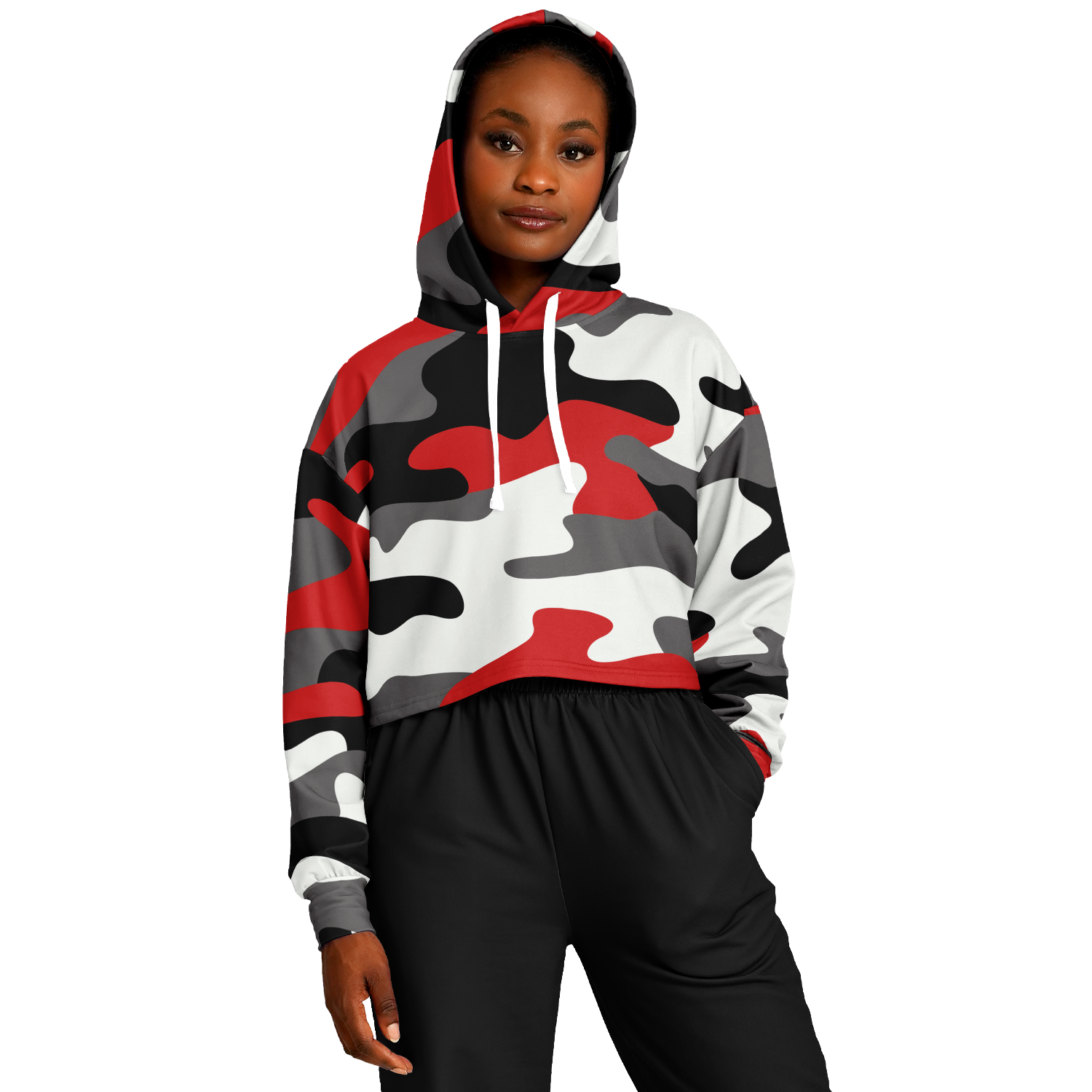 Red Black & White Camo Cropped Hoodie