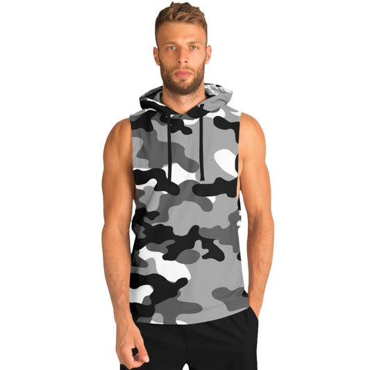 Black Gray & White Sleeveless Camo Hoodie