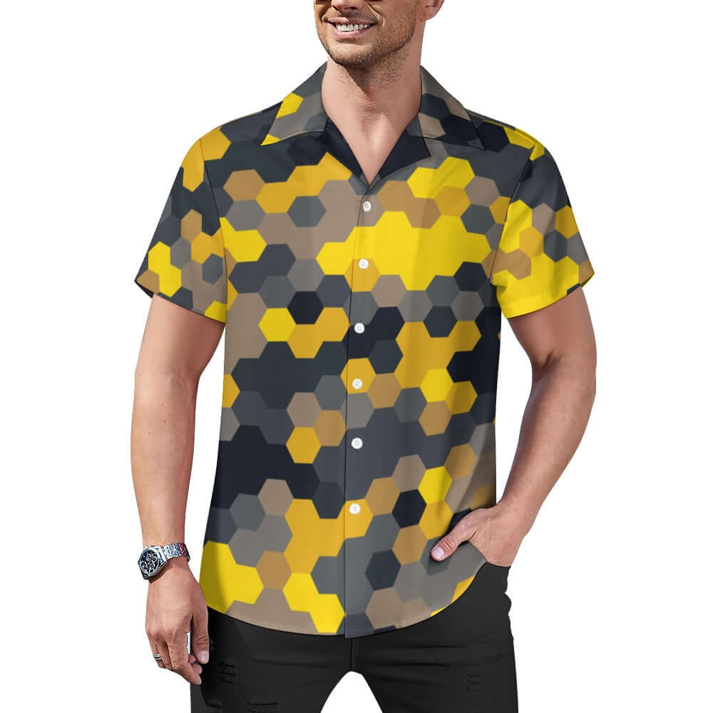 Hexagonal Yellow Black | Cuban Collar Shirt