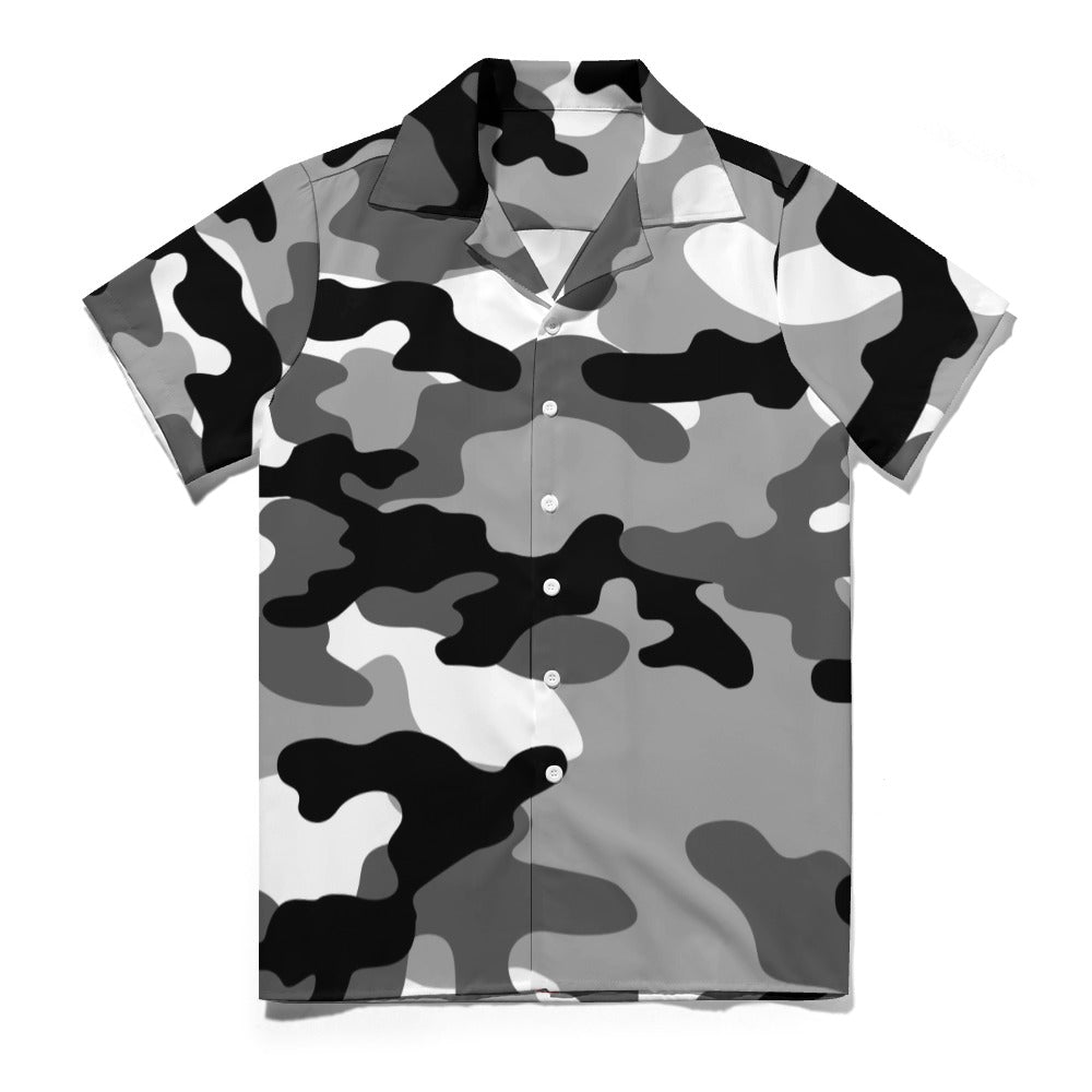 Black Gray & White Camouflage Cuban Collar Shirt