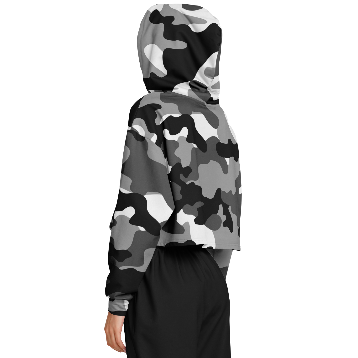 Gray Black & White Camo Cropped Hoodie For Women