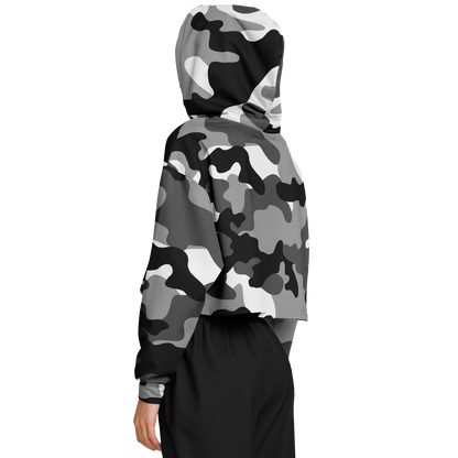 Gray Black & White Camo Cropped Hoodie For Women