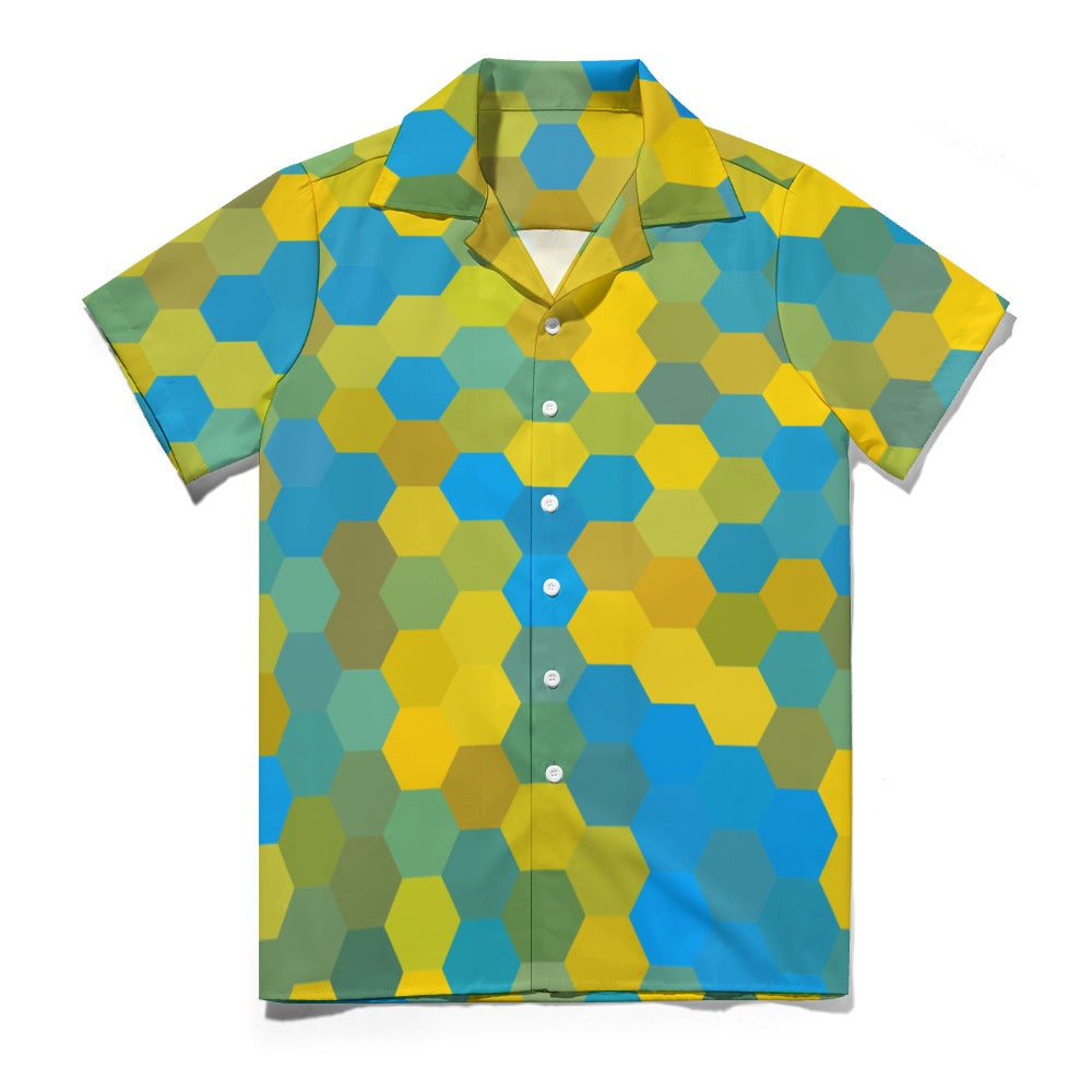 Hexagonal Blue & Yellow | Cuban Collar Shirt