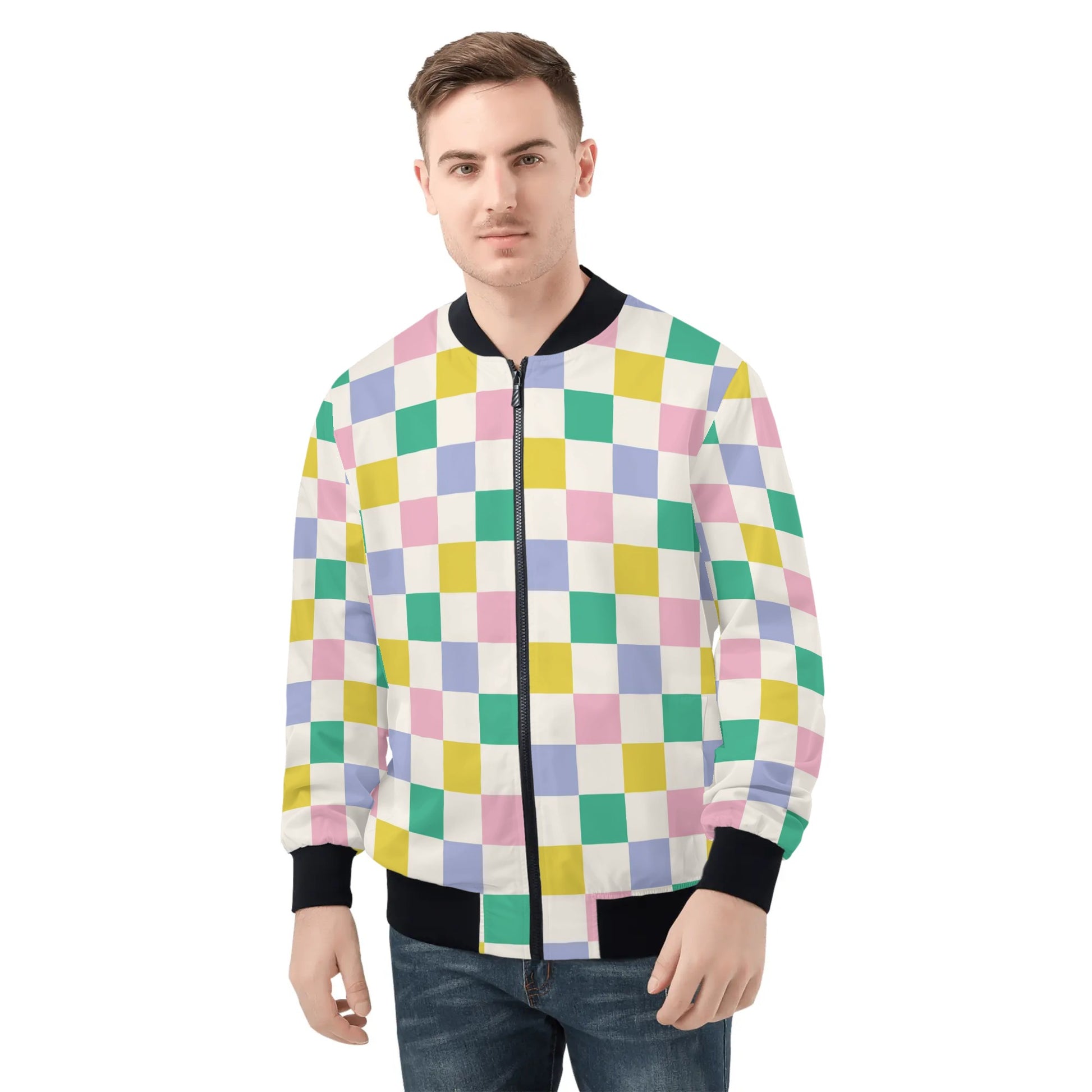 Green Blue Peach Lemon | Chessboard Bomber Jacket