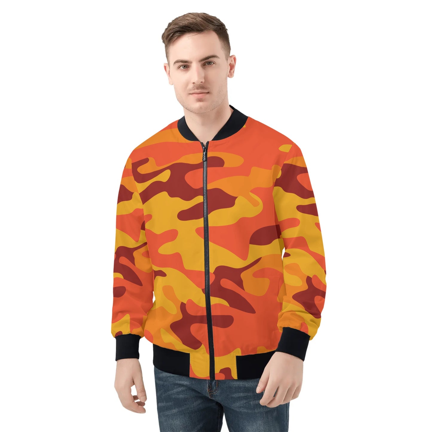 Blouson aviateur camouflage orange et rouge