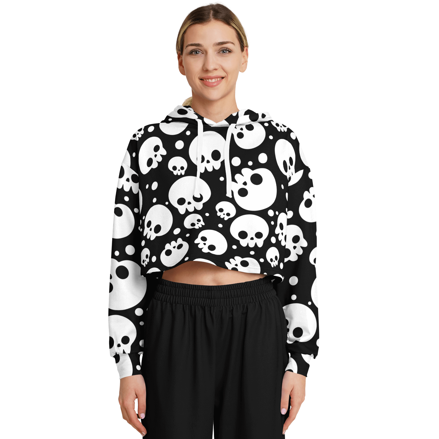 Skulls Cropped Hoodie For Women | Black & White