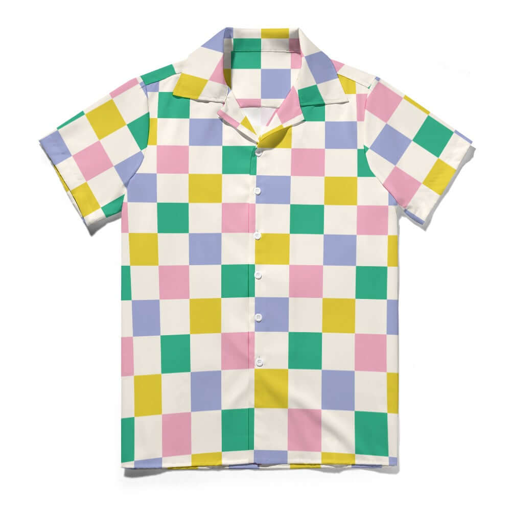 Cuban Collar Shirt | Green Blue Peach Lemon Chessboard