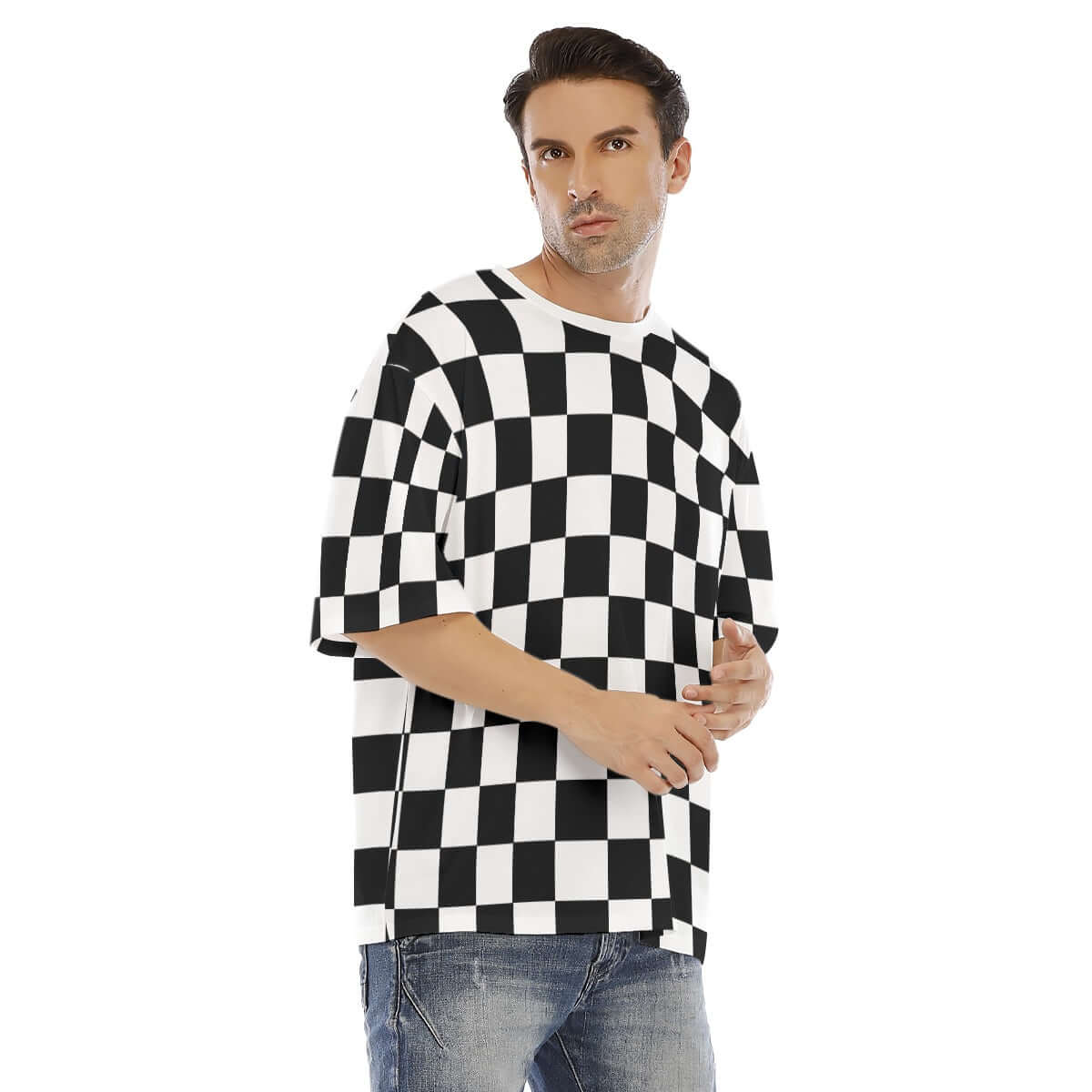 Drop Shoulder Oversized T-shirt | Black & White Chess Board