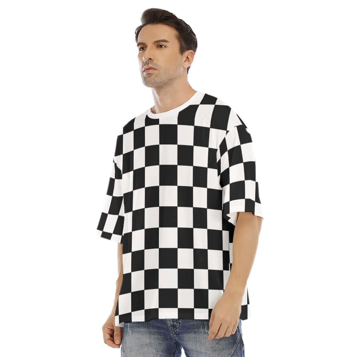 Drop Shoulder Oversized T-shirt | Black & White Chess Board