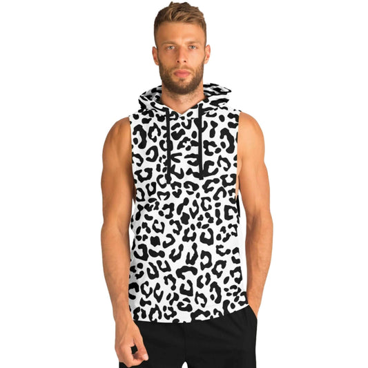 Black & White Leopard Sleeveless Hoodie For Men