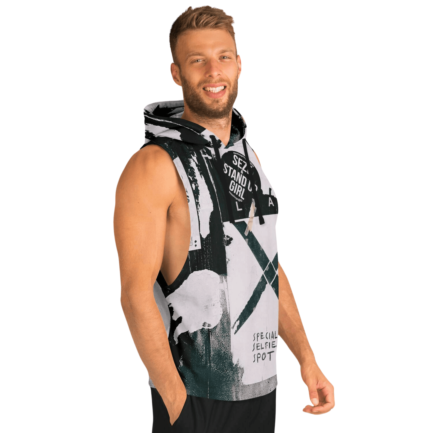 Sleeveless Hoodie For Men | Black & White Street Art