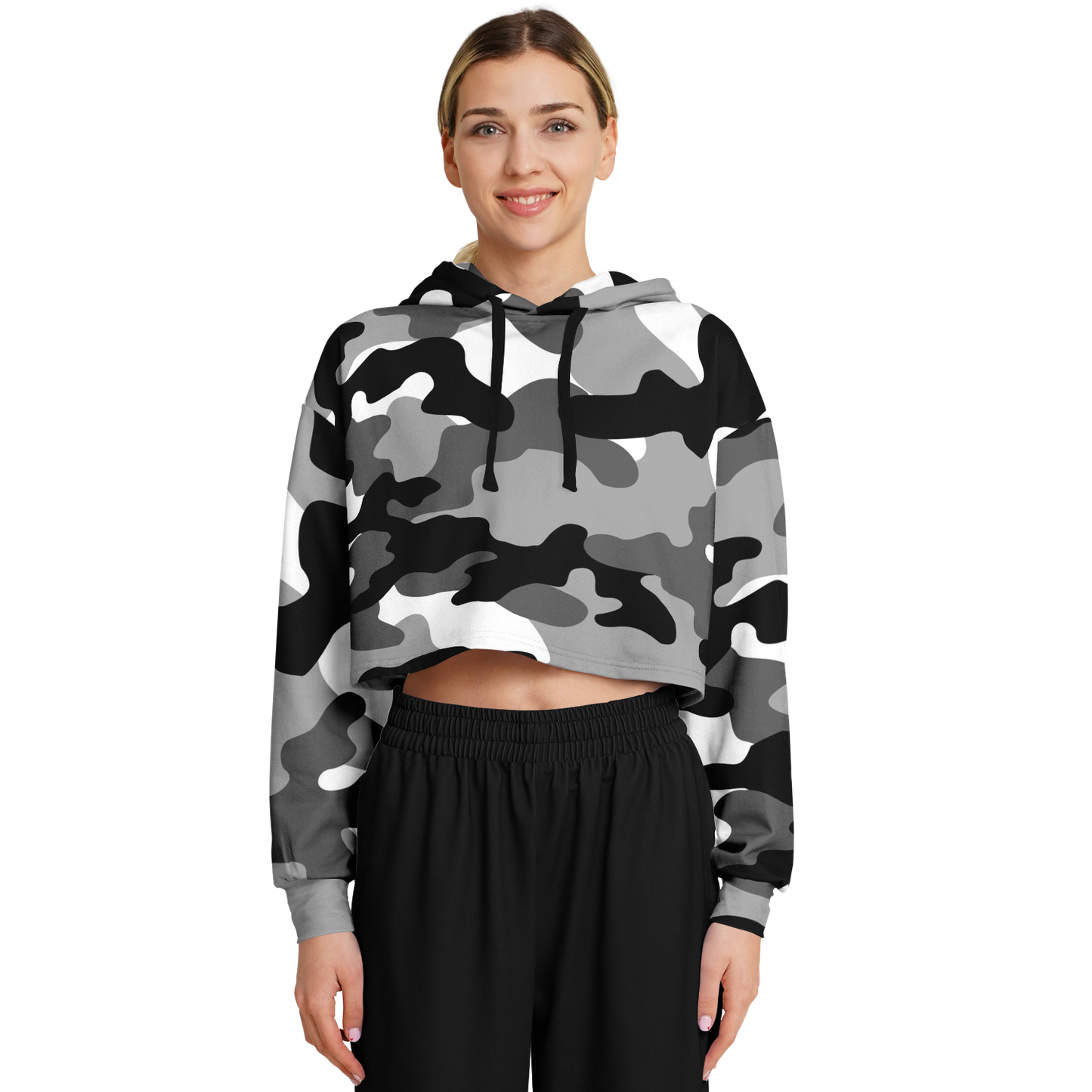 Gray Black & White Camo Cropped Hoodie For Women