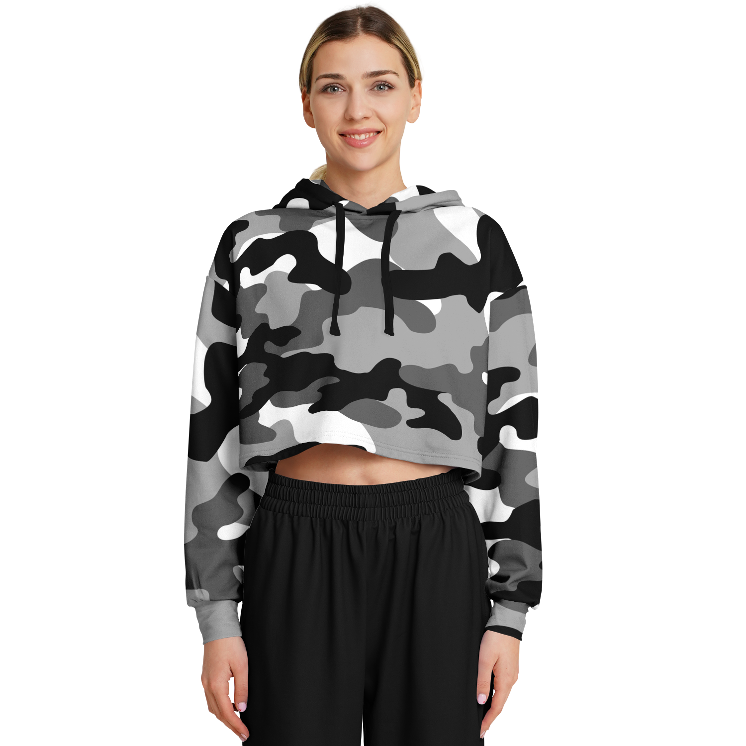 Gray Black & White Camo Cropped Hoodie For Women