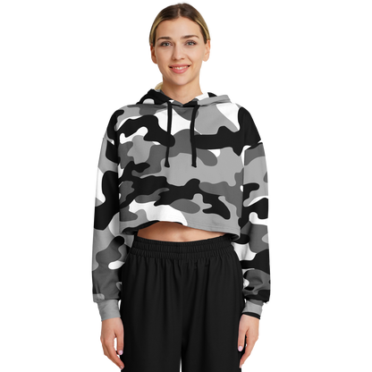 Gray Black & White Camo Cropped Hoodie For Women