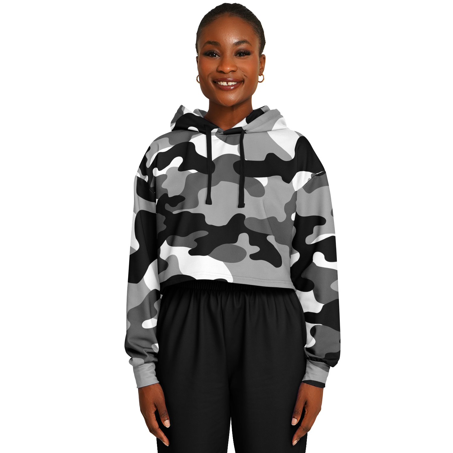 Gray Black & White Camo Cropped Hoodie For Women