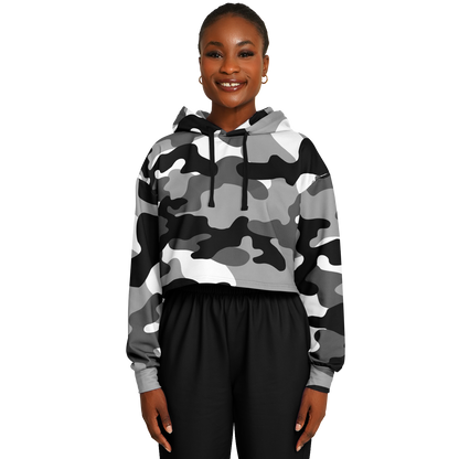 Gray Black & White Camo Cropped Hoodie For Women