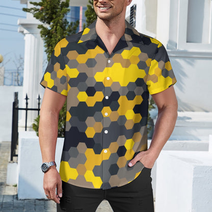 Hexagonal Yellow Black | Cuban Collar Shirt