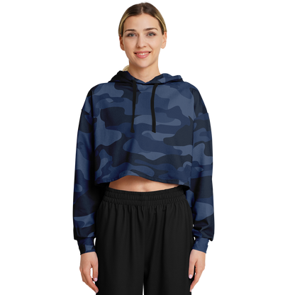 Deep Blue Camo Cropped Hoodie For Women