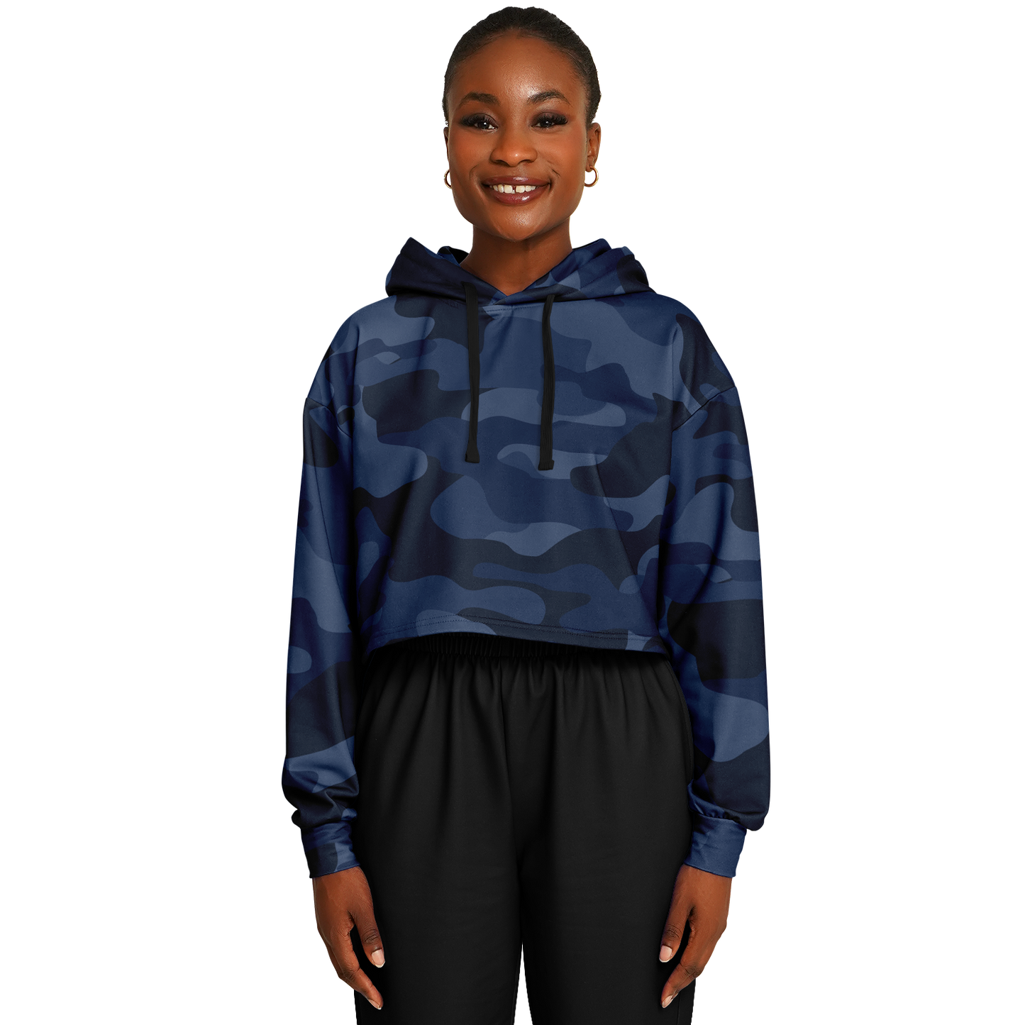 Deep Blue Camo Cropped Hoodie For Women