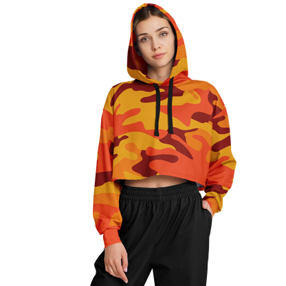 Orange & Red Camo Cropped Hoodie For Women