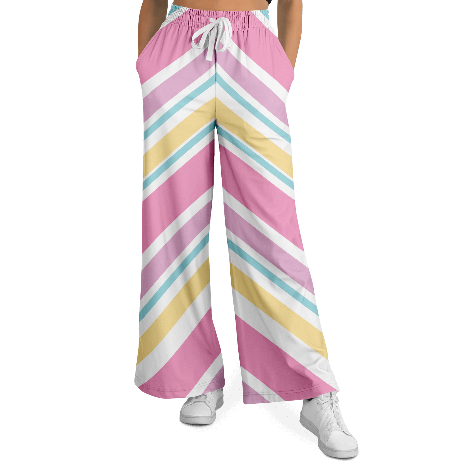 Women's Wide Leg Pants | Pink Yellow White Pastel Rainbow