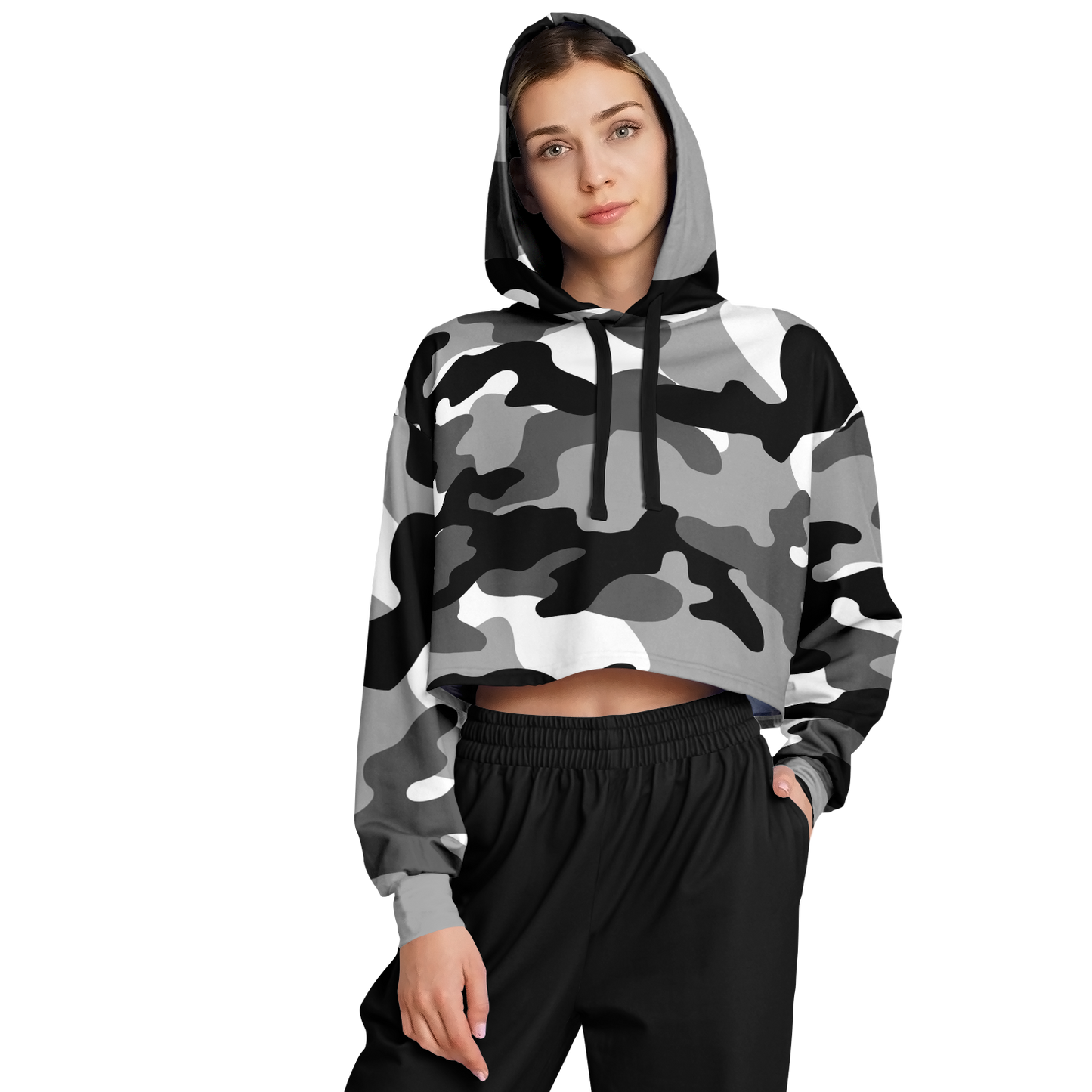 Gray Black & White Camo Cropped Hoodie For Women