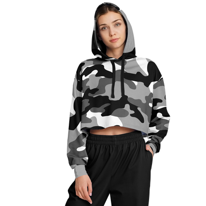 Gray Black & White Camo Cropped Hoodie For Women