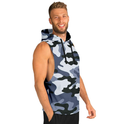 Blue Camouflage Sleeveless Hoodie For Men