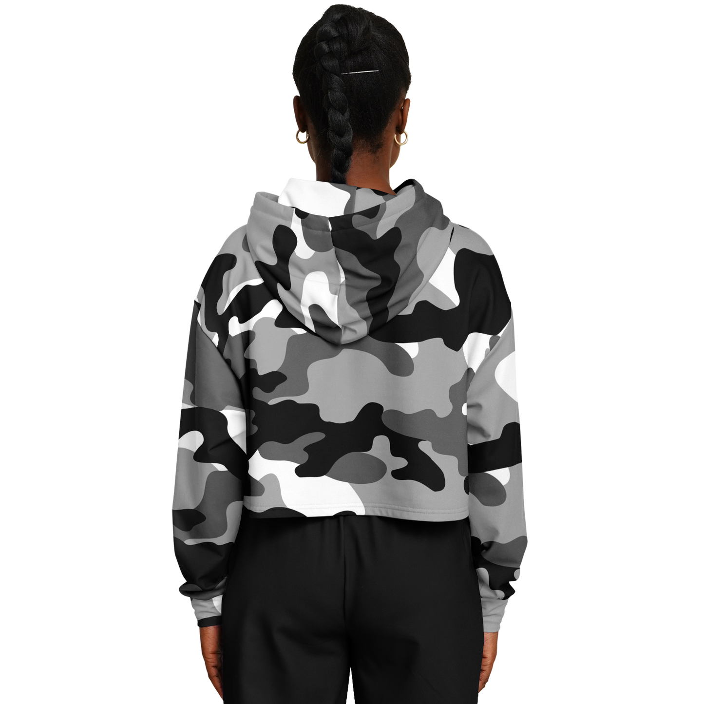 Gray Black & White Camo Cropped Hoodie For Women