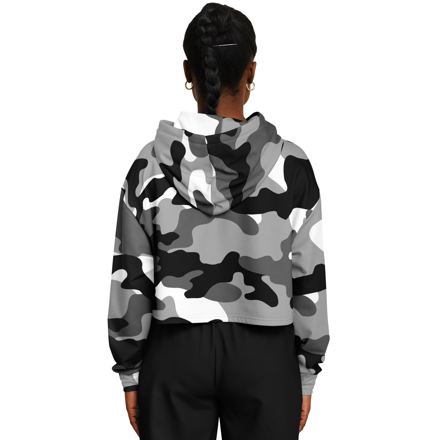 Gray Black & White Camo Cropped Hoodie For Women