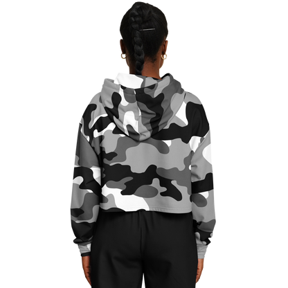 Gray Black & White Camo Cropped Hoodie For Women