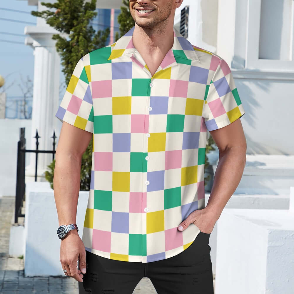 Cuban Collar Shirt | Green Blue Peach Lemon Chessboard