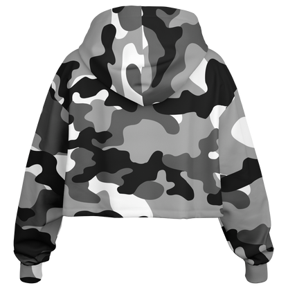 Gray Black & White Camo Cropped Hoodie For Women