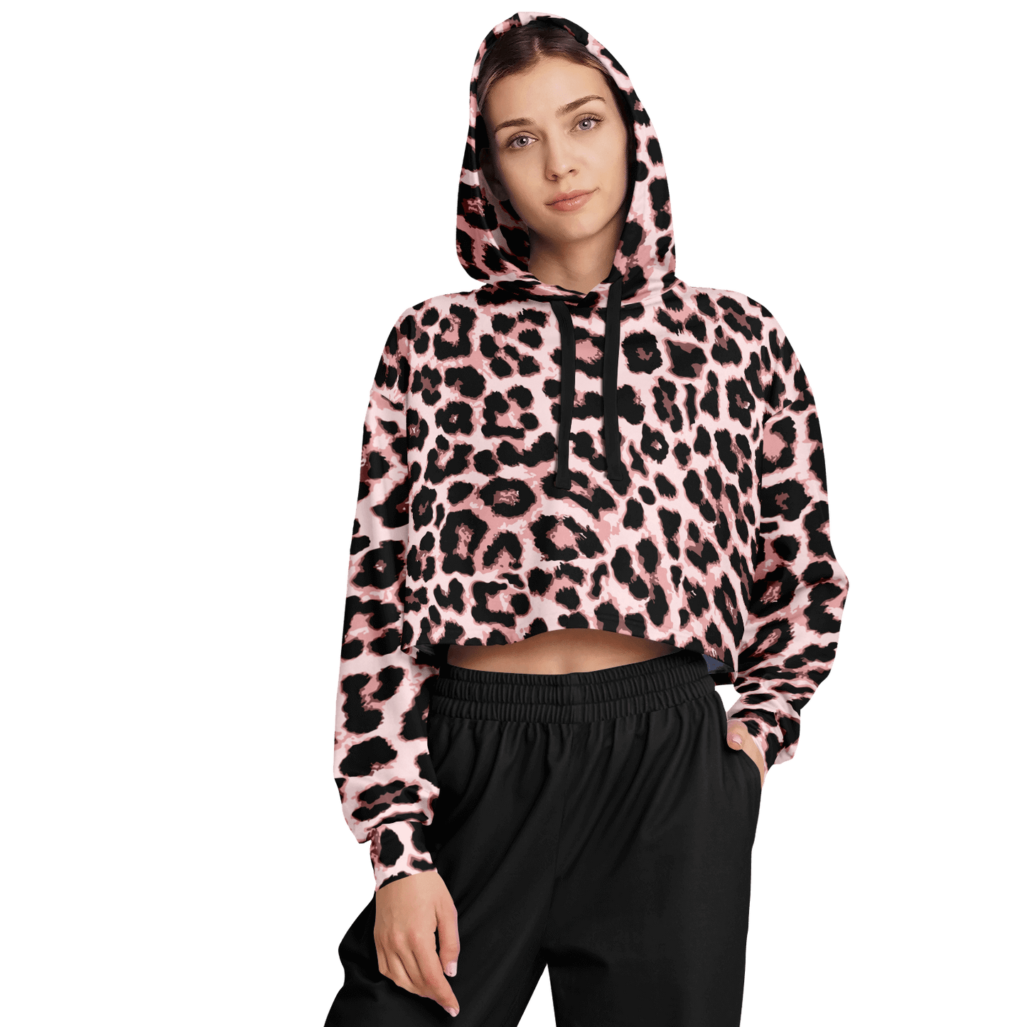 Leopard Cropped Hoodie | Black & Pippin Pattern