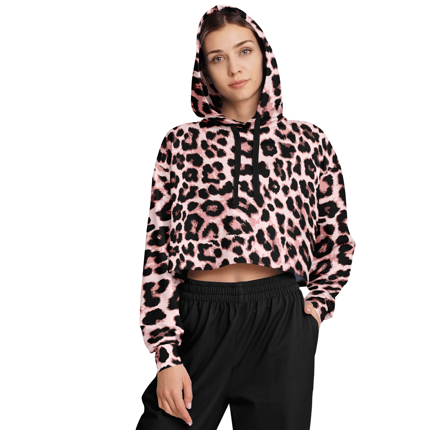 Leopard Cropped Hoodie | Black & Pippin Pattern