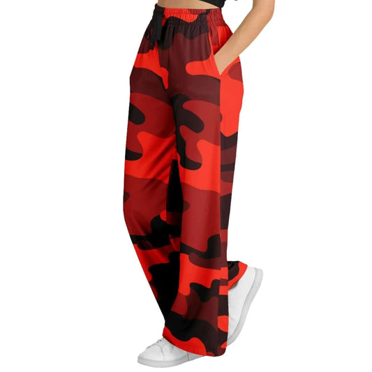 Scarlet Red & Black Camo Wide Leg Pants For Women