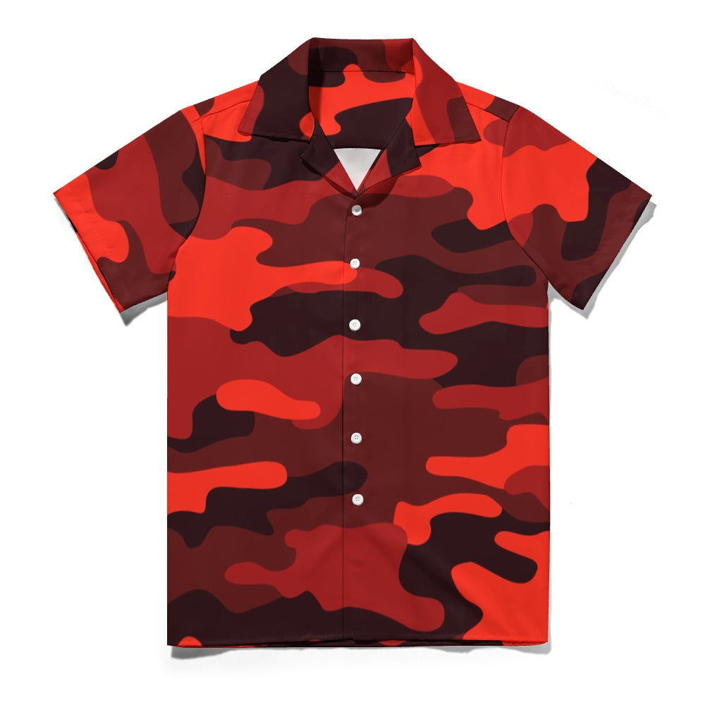 Scarlet Red & Black Camouflage Cuban Collar Shirt