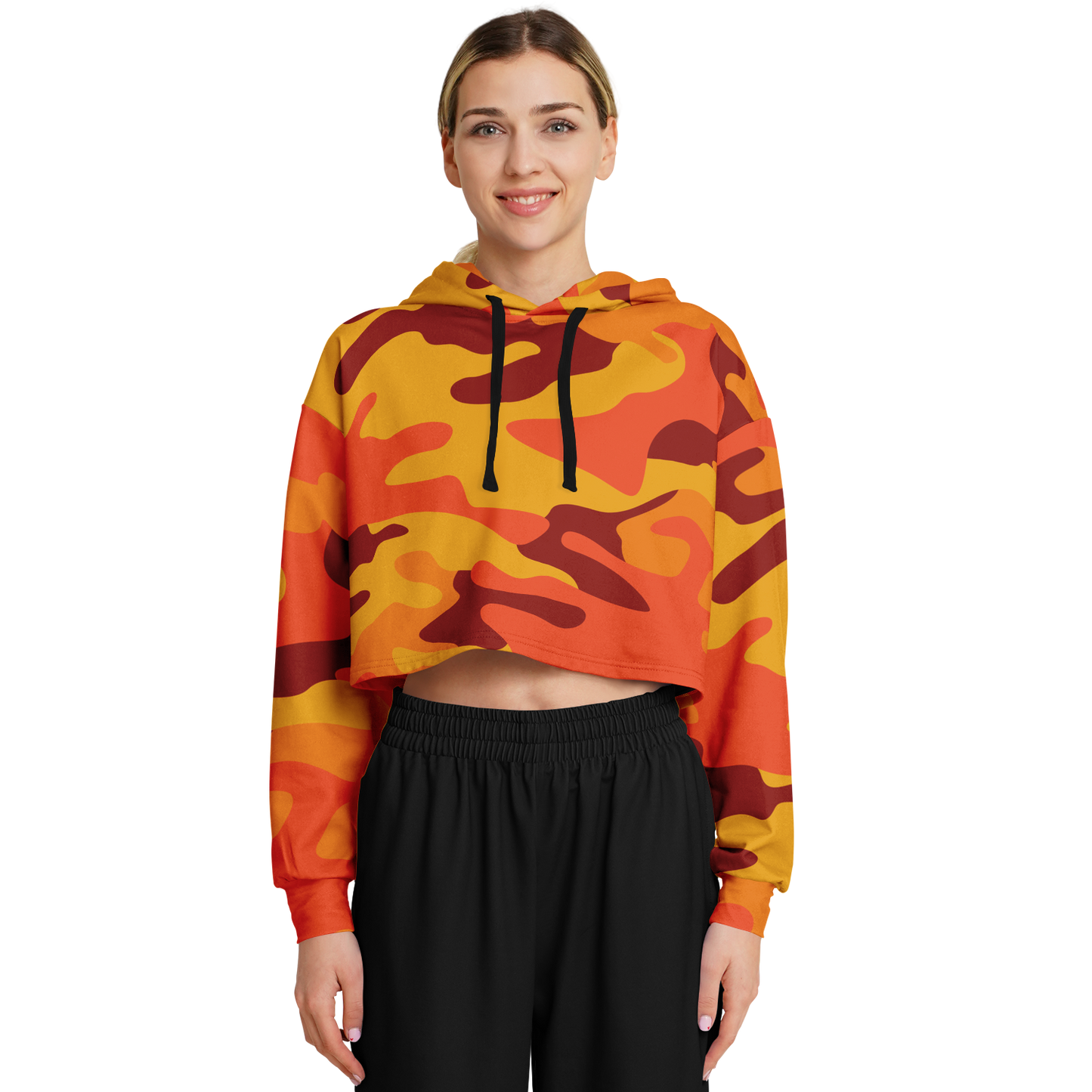 Orange & Red Camo Cropped Hoodie For Women