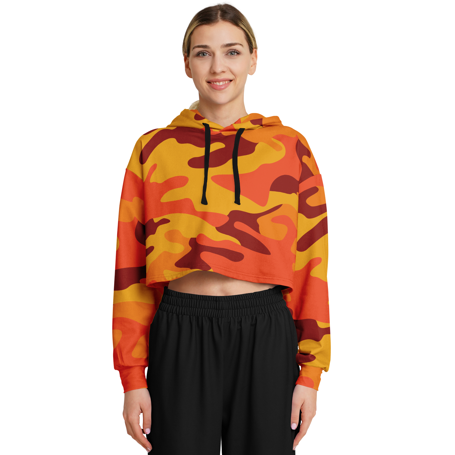 Orange & Red Camo Cropped Hoodie For Women