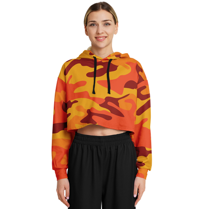 Orange & Red Camo Cropped Hoodie For Women