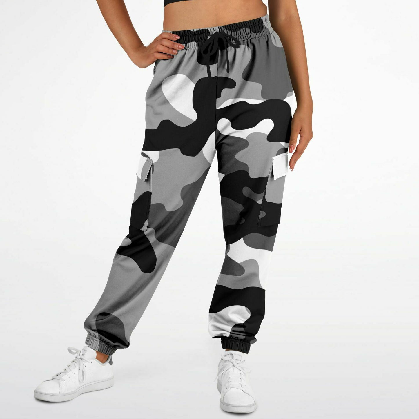 Black Gray & White Camouflage Cargo Sweatpants