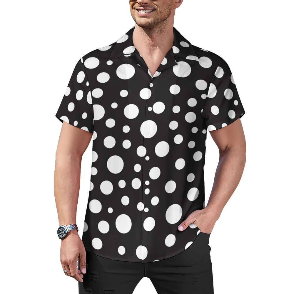 Polka Dot White & Black Cuban Collar Shirt