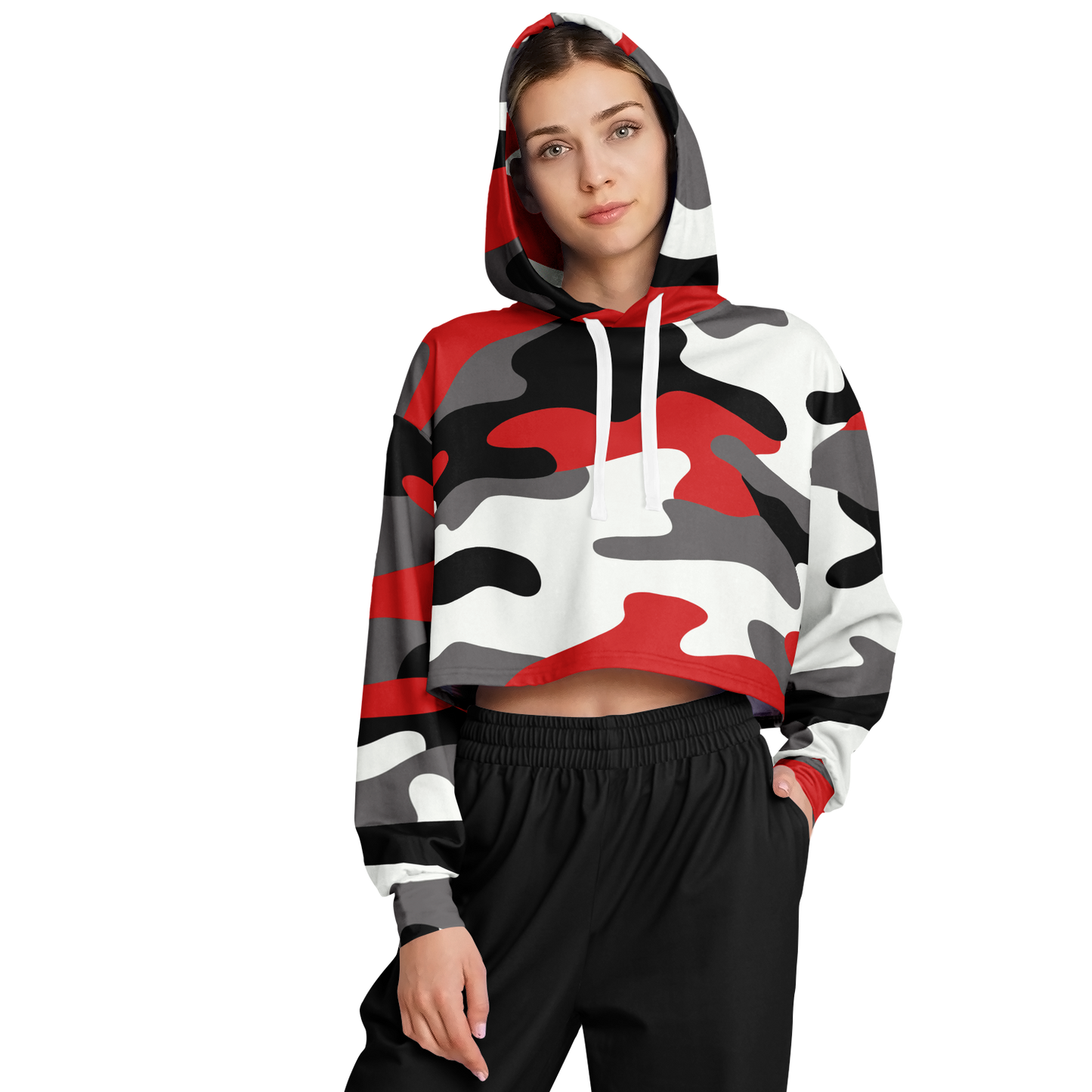 Red Black & White Camo Cropped Hoodie