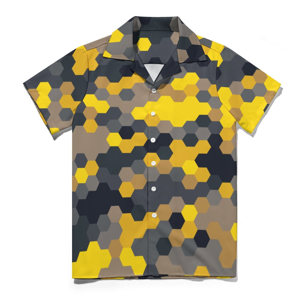 Hexagonal Yellow Black | Cuban Collar Shirt